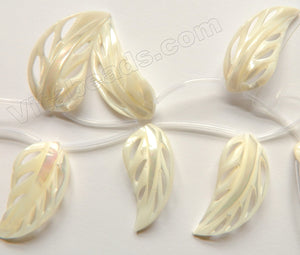 Cream White Mother of Pearl Shell  -  Carved Fancy Leaves  16"