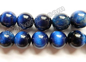 Sapphire Blue Tiger Eye AAA  - Smooth Round Beads 16"