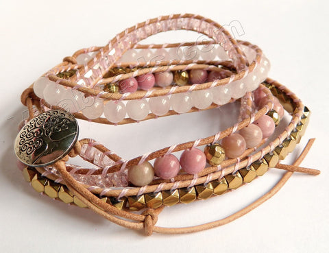 BOHO Style Wrap Bracelet -   w/ Rhodonite, Rose Quartz Round Beads