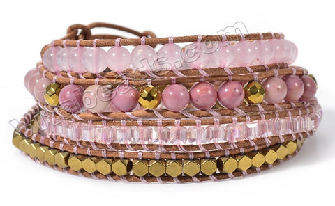   BOHO Style Wrap Bracelet -   w/ Rhodonite, Rose Quartz Round Beads