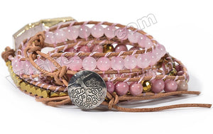 BOHO Style Wrap Bracelet -   w/ Rhodonite, Rose Quartz Round Beads