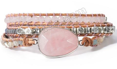BOHO Style Wrap Bracelet -   w/ Faceted Rose Quartz Center Piece