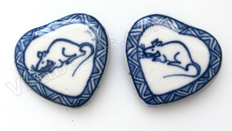 Porcelain Beads, Pendant - Blue &. White   30 mm Mouse Heart