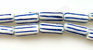 Porcelain Beads - Blue &. White "Lines" Round Cylinder