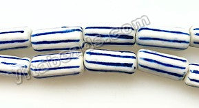 Porcelain Beads - Blue &. White "Lines" Round Cylinder