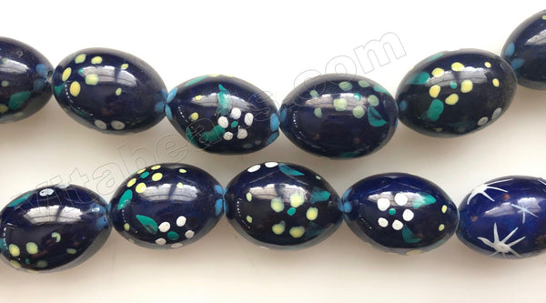Porcelain Beads - Dark Blue with yellow flower Oval