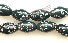 Porcelain Beads - Dark Green Oval - Hand painted White flower
