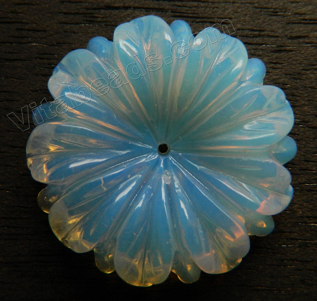 Carved Chamomile Flower Pendant - Synthetic White Blue Opal