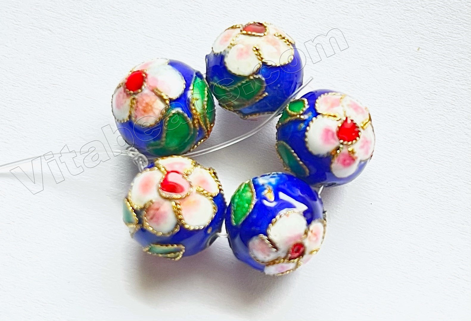 Cloisonné Round Beads - Sample    Color:  Sapphire Blue / Pink Flowers