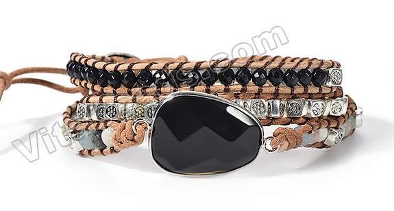 BOHO Style Wrap Bracelet - w/ Faceted Black Onyx Center Piece