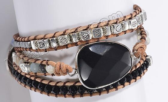 BOHO Style Wrap Bracelet - w/ Faceted Black Onyx Center Piece