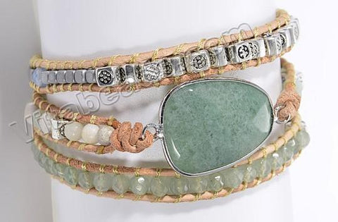 BOHO Style Wrap Bracelet - w/ Faceted Green Aventurine Center Piece