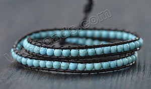Boho Style Handmade Genuine Leather  2 Layers 4mm Turquoise Wrap Around Beaded Bracelet
