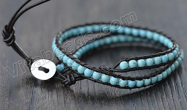 Boho Style Handmade Genuine Leather  2 Layers 4mm Turquoise Wrap Around Beaded Bracelet