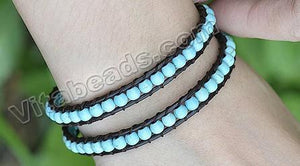 Boho Style Handmade Genuine Leather  2 Layers 4mm Turquoise Wrap Around Beaded Bracelet