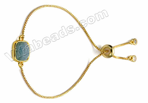 18K Gold Plated Brass Chain Bracelet w/ Charm - Faceted Aquamarine Square
