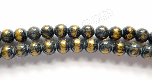 Dark Iolite Mashan Jade w/ Gold Foil Line  -  Smooth Round Beads 16"