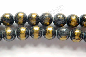 Dark Iolite Mashan Jade w/ Gold Foil Line  -  Smooth Round Beads 16"