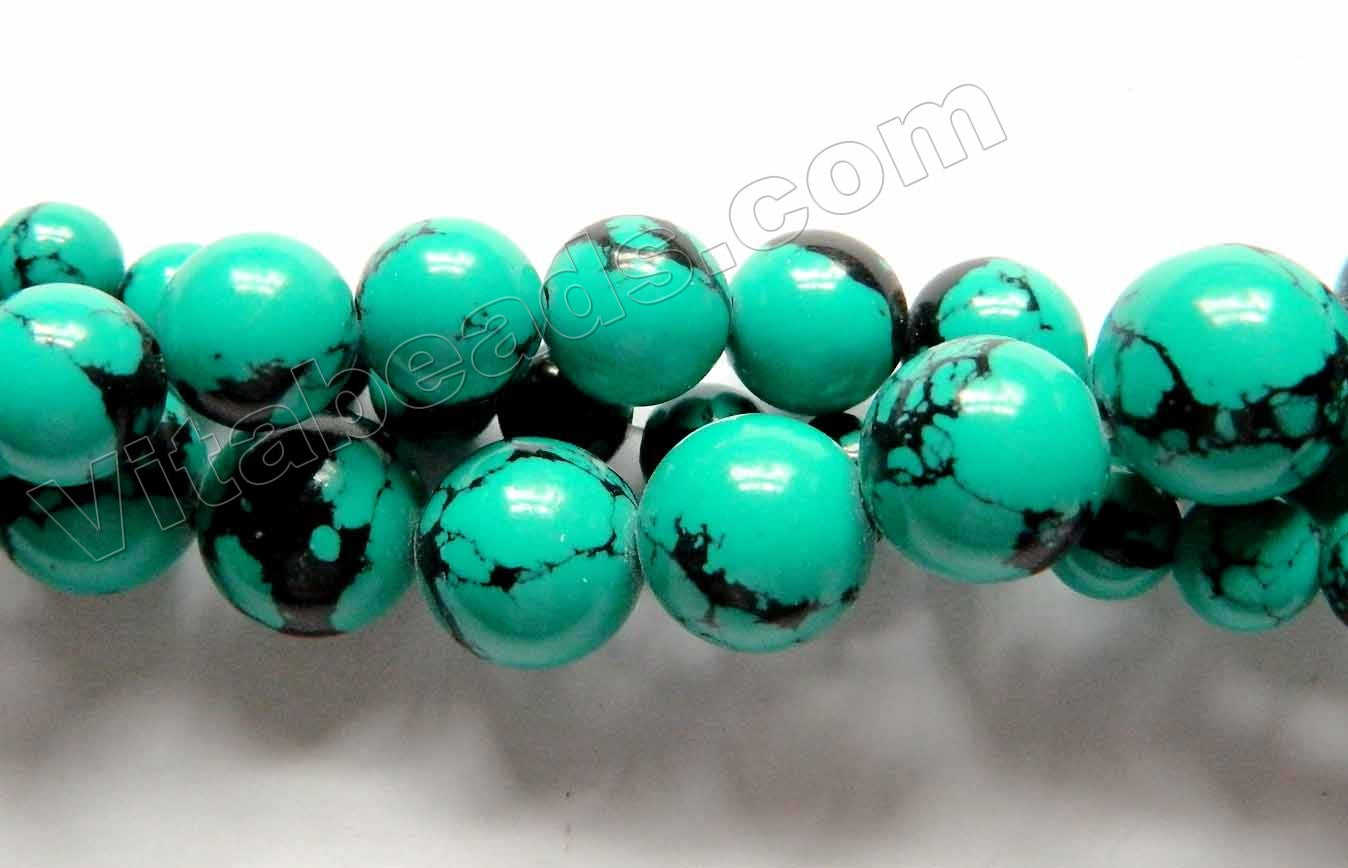 Blue Turquoise w/ Black  -  Smooth Round Beads 16"