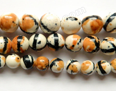 Painted Black Line Brown Spots Porcelain  -  Smooth Round Beads  15"