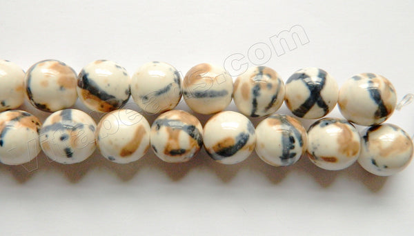 Painted Black Line Brown Spots Porcelain  -  Big Smooth Round Beads  15"