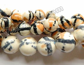 Painted Black Line Brown Spots Porcelain  -  Smooth Round Beads  15"