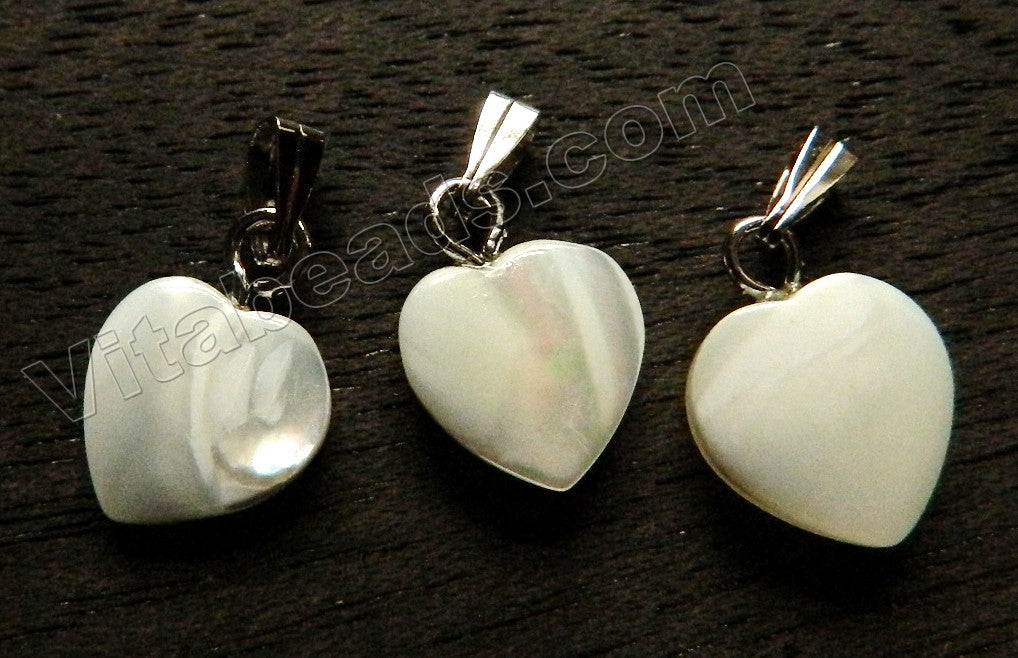 White Mother of Pearl Shell - Small Heart Pendant w/ Silver Bail