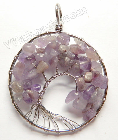 Light Amethyst - Big Chips Wired Tree Round Pendant Style B