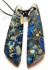 Dark Blue Impression Pyrite Prase Jasper  Smooth Slab Pendant or Earring Dangle Set  Sale by Pair