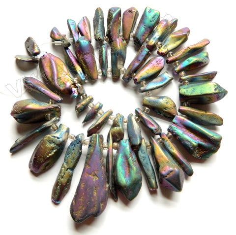 Dark Peacock Crystal Natural  -  Graduated Tooth Top Drilled 16"
