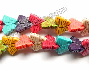 Mixed Color Cracked Turquoise  -  Carved Butterfly Strand  14"
