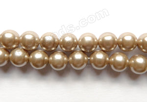 Satin Light Brown Sea Shell Pearl  -  Smooth Round Beads 16"