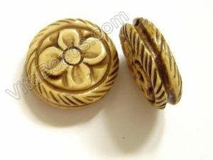 Carved Bone Beads - Flower Coin - 18x7mm #11