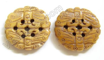 Carved Bone Beads - Double Butterfly Coin - 24x5mm #104