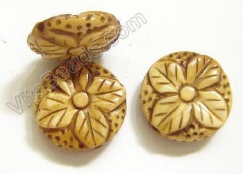 Carved Bone Beads - Flower Coin - 18x5mm #22