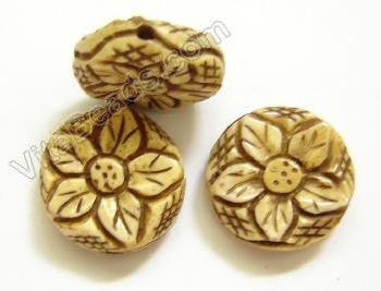 Carved Bone Beads - Flower Coin - 18x7mm #25