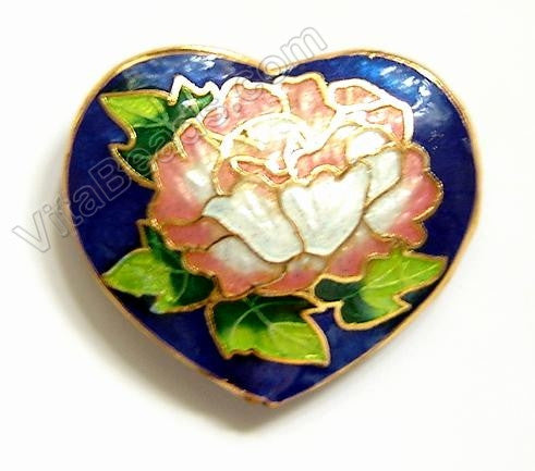 Enamel Pendant Blue Heart - Flower 38 x 32 mm