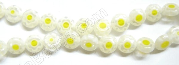 Glass Beads  -  Puff Coin - White w/ Yellow Flower   16"