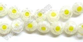 Glass Beads  -  Puff Coin - White w/ Yellow Flower   16"