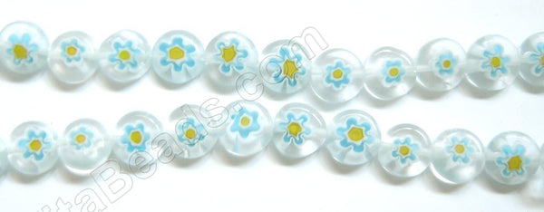 Glass Beads  -  Puff Coin - White w/ Aqua Flower   16"