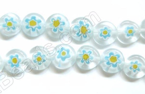 Glass Beads  -  Puff Coin - White w/ Aqua Flower   16"