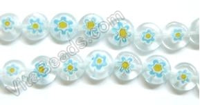 Glass Beads  -  Puff Coin - White w/ Aqua Flower   16"