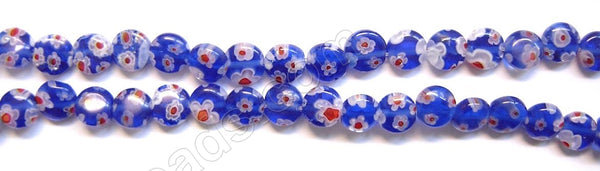 Glass Beads  -  Puff Coin - Royal Blue w/ Red Flower   16"