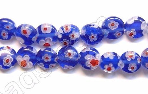 Glass Beads  -  Puff Coin - Royal Blue w/ Red Flower   16"