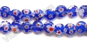 Glass Beads  -  Puff Coin - Royal Blue w/ Red Flower   16"