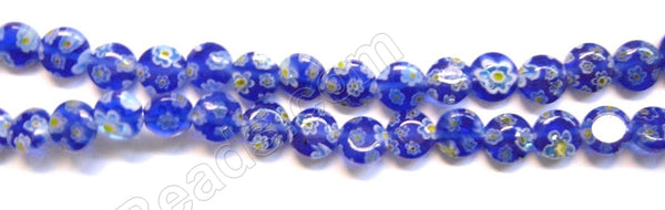 Glass Beads  -  Puff Coin - Royal Blue w/ Yellow Flower   16"