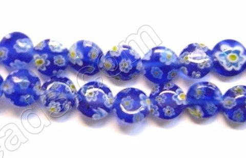 Glass Beads  -  Puff Coin - Royal Blue w/ Yellow Flower   16"