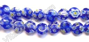 Glass Beads  -  Puff Coin - Royal Blue w/ Yellow Flower   16"