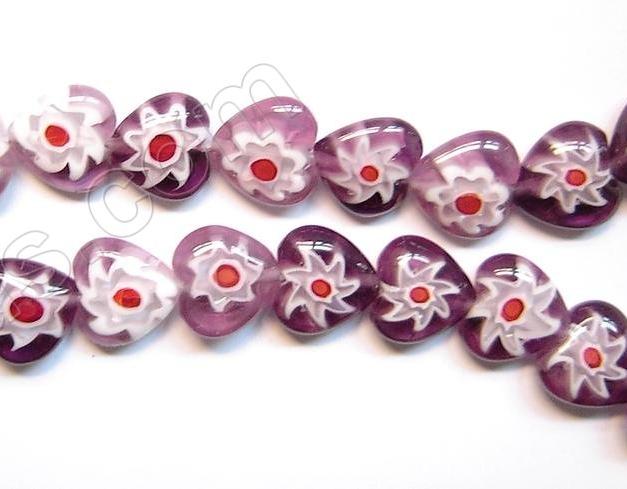 Glass Beads  -  Puff Heart - Purple Flower  16"