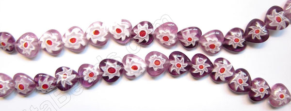 Glass Beads  -  Puff Heart - Purple Flower  16"